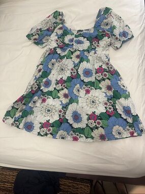 GAP XL Tall Floral Puff-Sleeve empire, A line, knee length Dress w/ smocked back